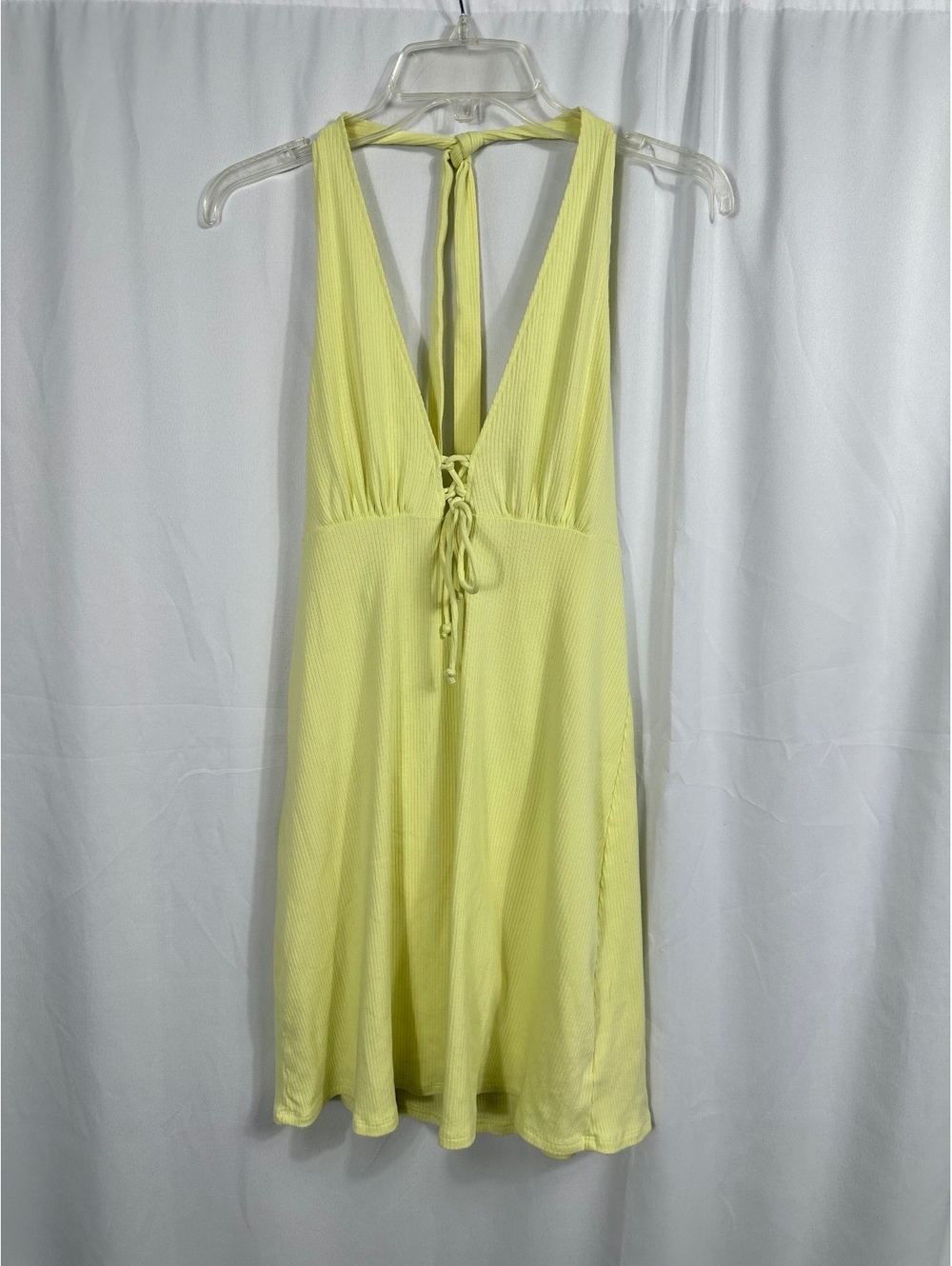 American Eagle Light Yellow Ribbed Halter Dress with Tie Back Size Large